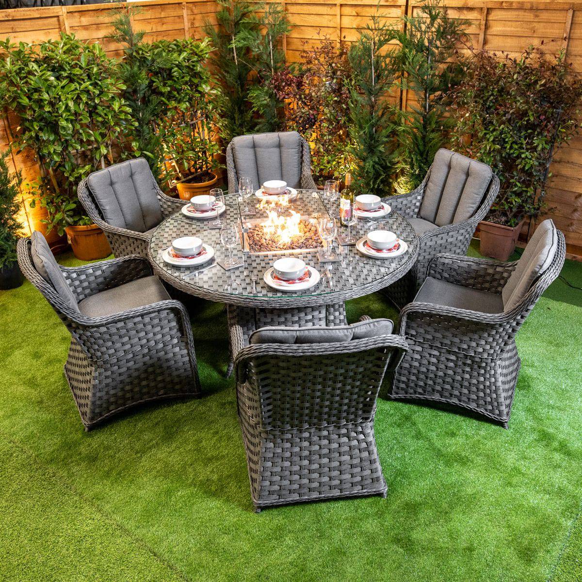 Serena Vienna 6 Seat Round Fire Pit Dining Set - Garden Furniture Hub Essex