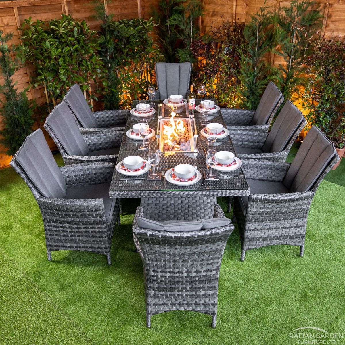 Serena Rattan Atlanta Rectangular 8 Seater Fire Pit Dining Set 210cm