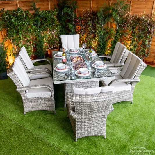 Champagne Rattan Tokyo Rectangular 6 Seater Fire Pit Dining Set
