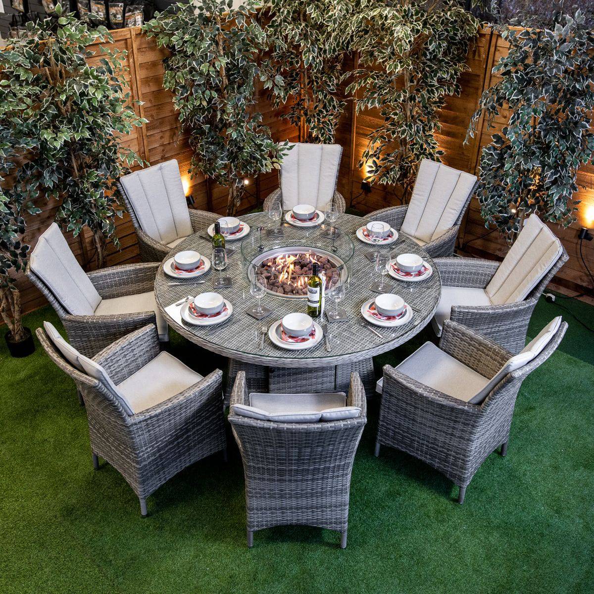 Champagne Atlanta 8 Seater Fire Pit Round Dining Table Set