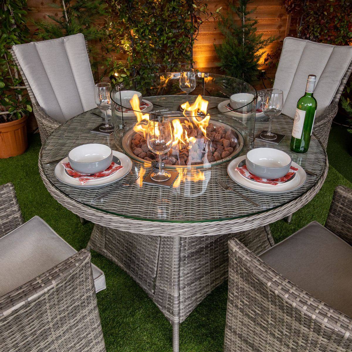 Champagne Atlanta Round Rattan 4 Seat Fire Pit Dining Table Set