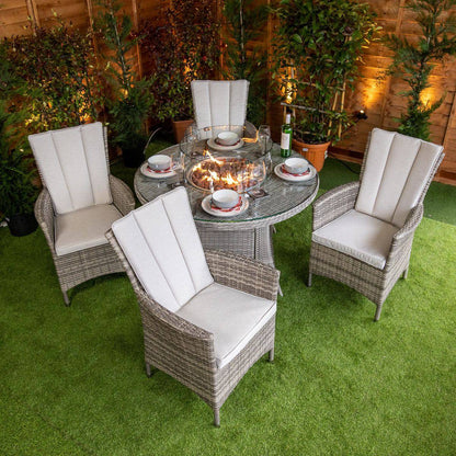 Champagne Atlanta Round Rattan 4 Seat Fire Pit Dining Table Set