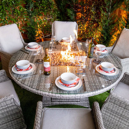 Champagne Paris 6 Seat Round Fire Pit Dining Set