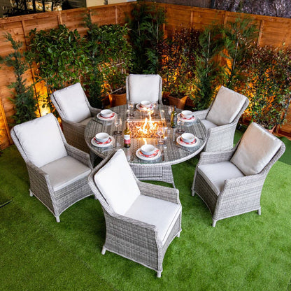 Champagne Paris 6 Seat Round Fire Pit Dining Set