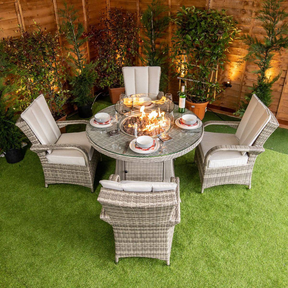 Champagne Tokyo Round 4 Seat Fire Pit Dining Set