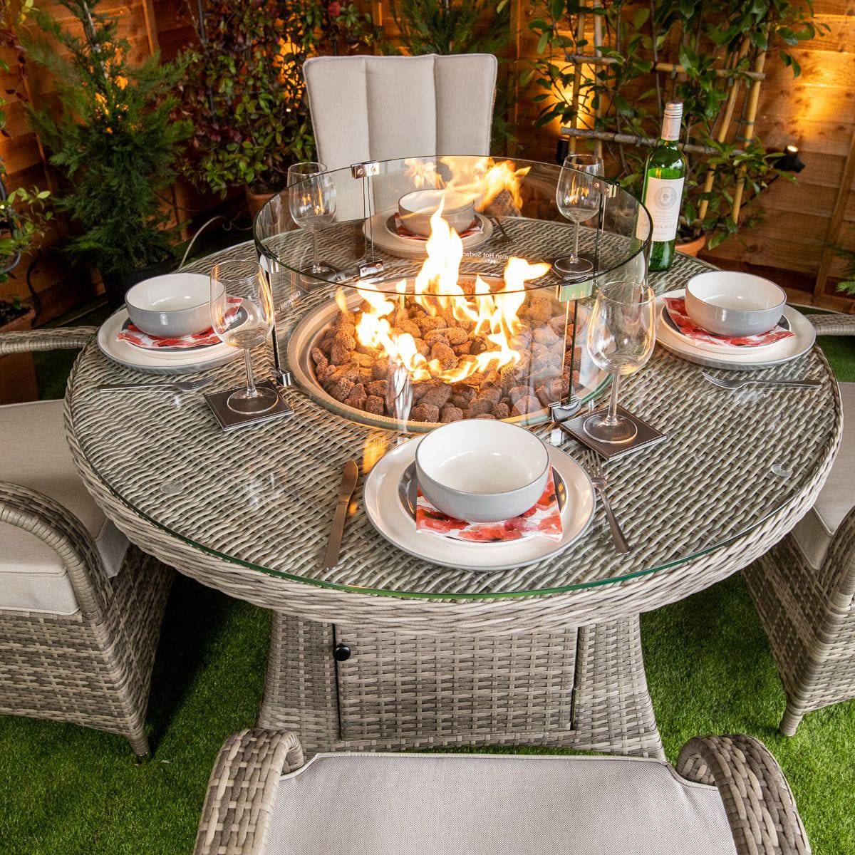 Champagne Tokyo Round 4 Seat Fire Pit Dining Set