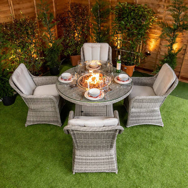 Champagne Rattan Vienna 4 Seater Round Fire Pit Dining Set