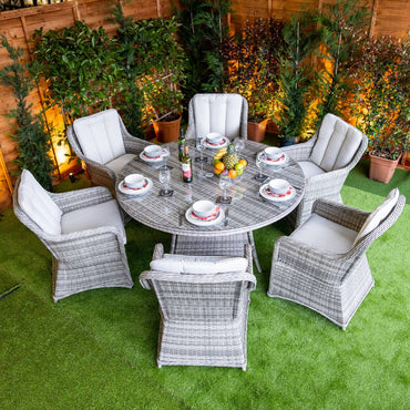 Champagne Rattan Vienna Round 6 Seater Dining Table Set