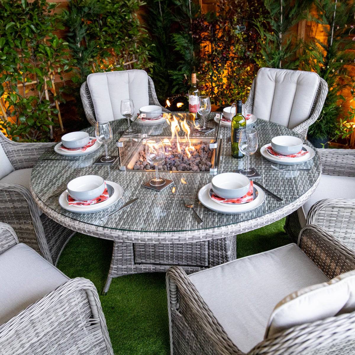 Champagne Vienna Round 6 Seater Fire Pit Dining Table Set