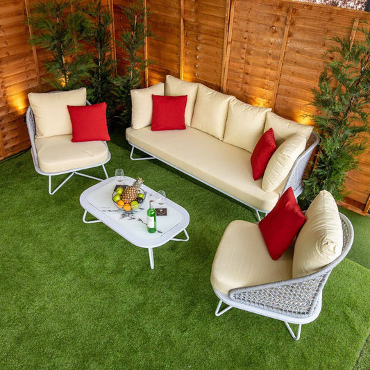 Oasis Rope Style Silver 5 Seat 4 Piece Sofa Set With Cream Cushions - Garden Furniture Hub Essex