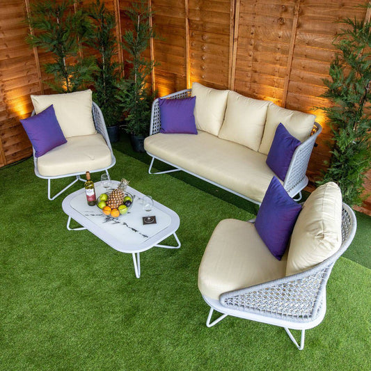 Oasis Rope Style Silver 4 Seat Sofa Set - Cream Cushions - Garden Furniture Hub Essex