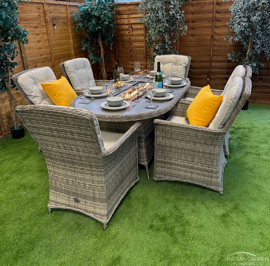 Champagne Rattan Cologne 6 Seater Oval Fire Pit Dining Set