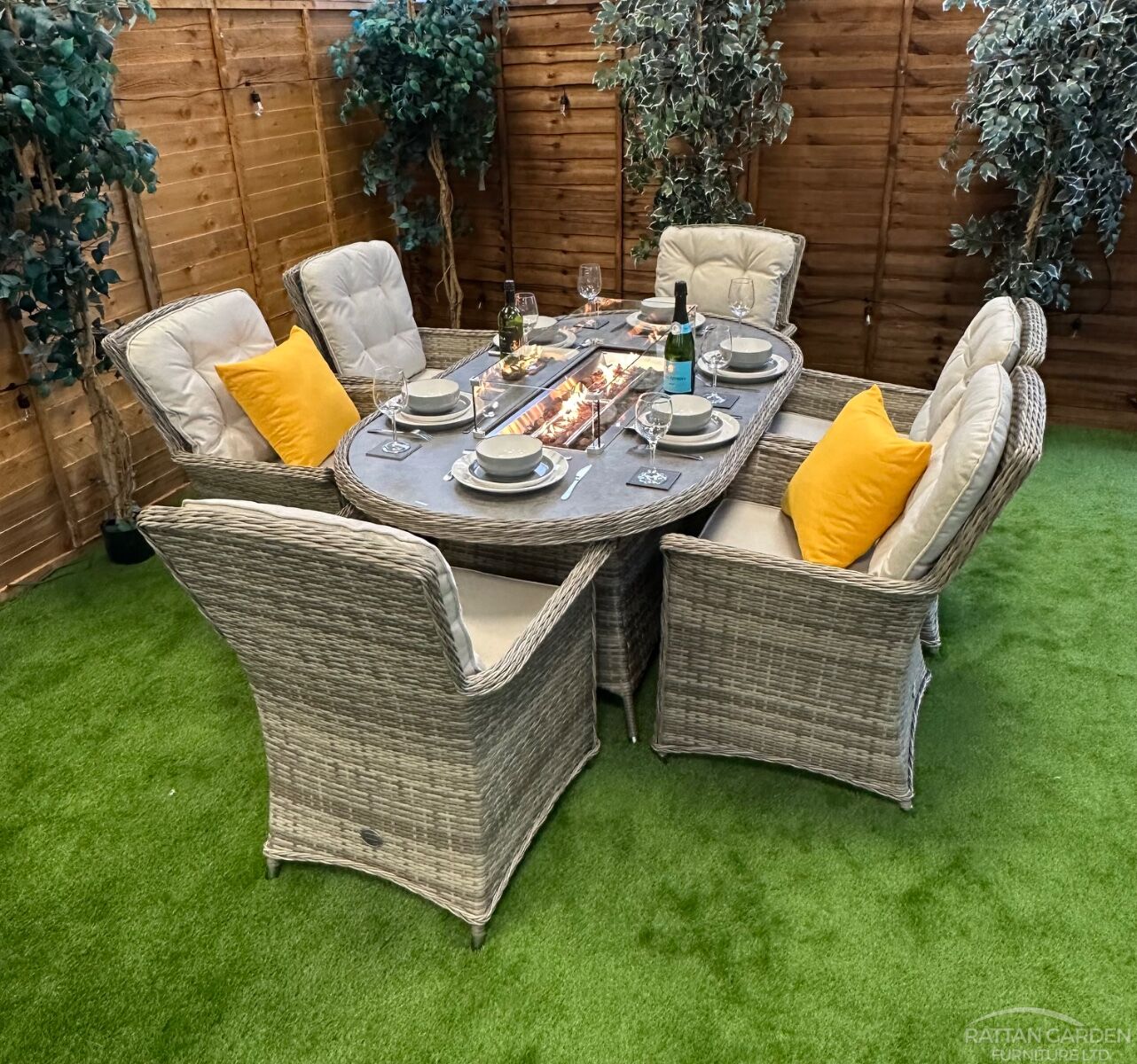 Champagne Rattan Cologne 6 Seater Oval Fire Pit Dining Set