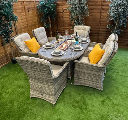 Champagne Rattan Cologne 6 Seater Oval Fire Pit Dining Set