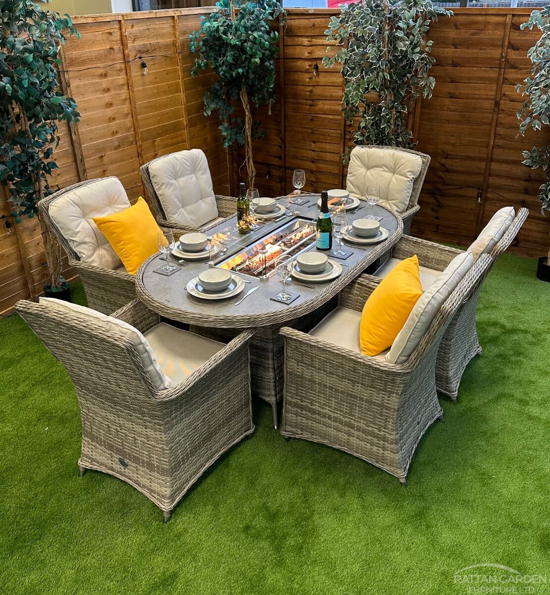 Champagne Rattan Cologne 6 Seater Oval Fire Pit Dining Set