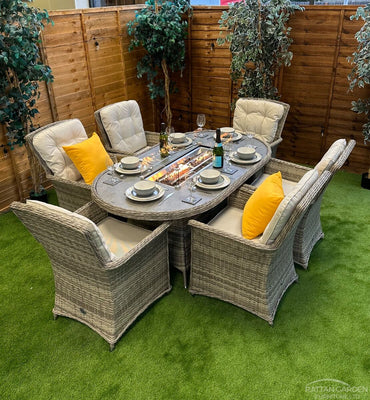 Champagne Rattan Cologne 6 Seater Oval Fire Pit Dining Set