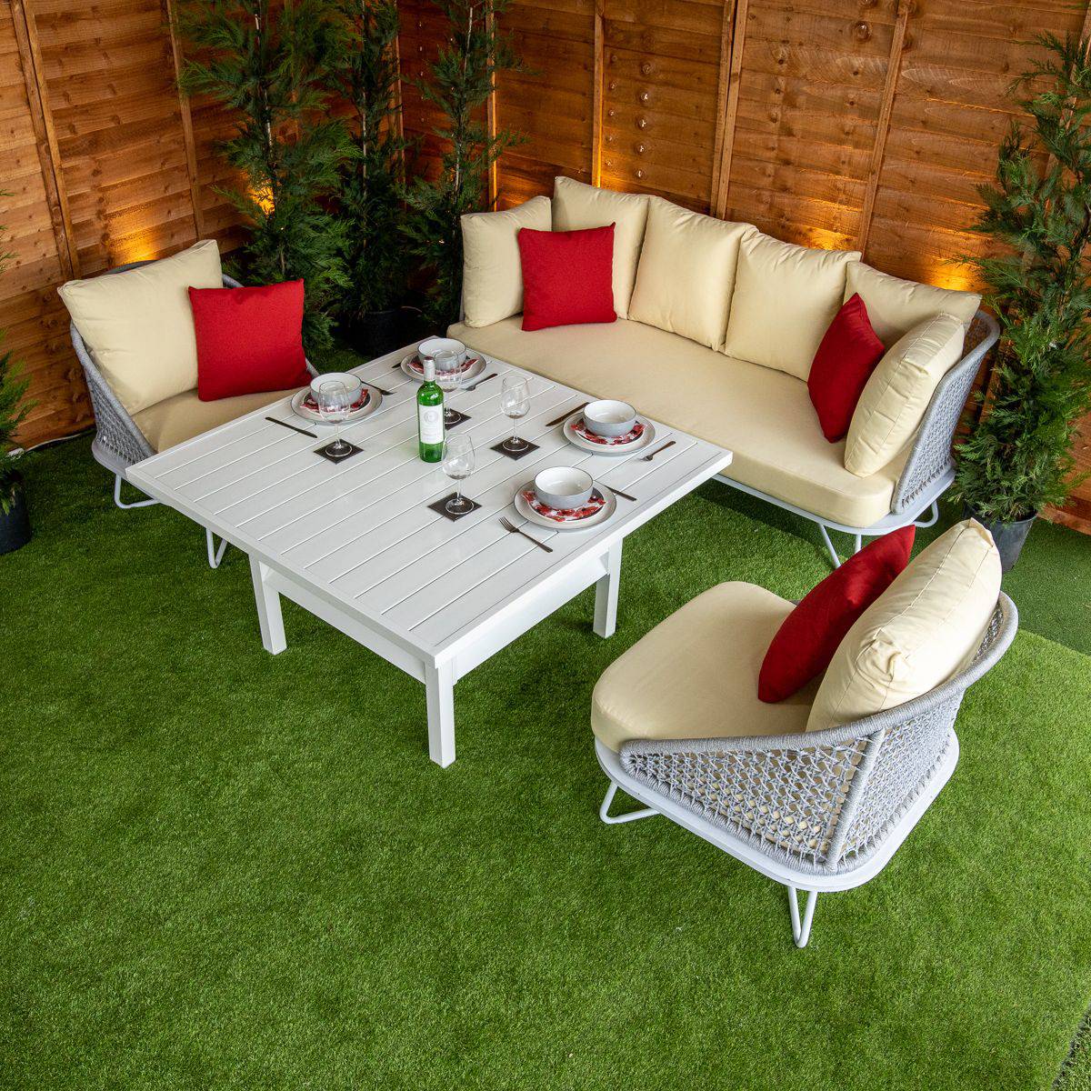 Oasis Rope Style Silver 5 Seat Dining Set With Cream Cushions - Garden Furniture Hub Essex