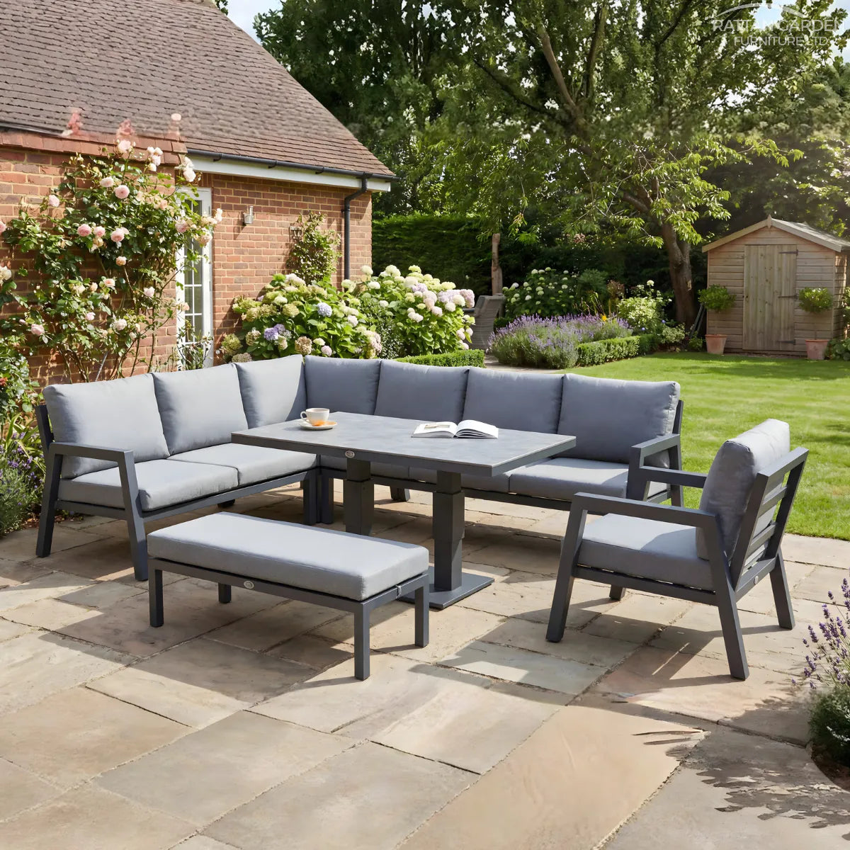 Lexus Corner Sofa with Rising 150cm Table and Double Stool