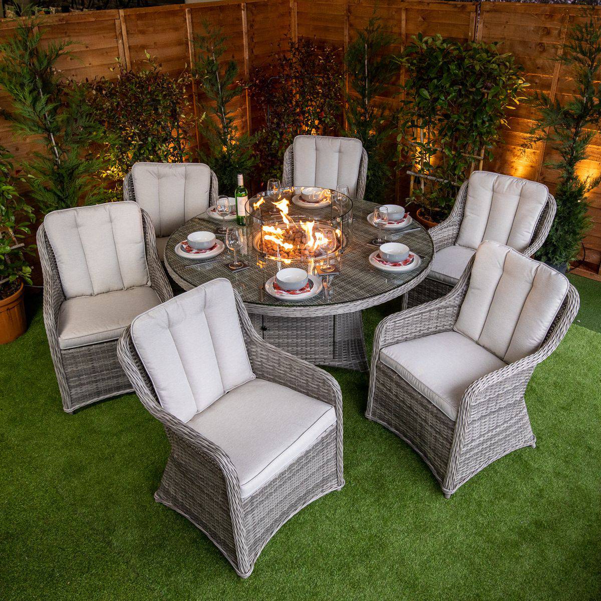 Champagne Vienna Round 6 Seat Fire Pit Dining Set - Garden Furniture Hub Essex