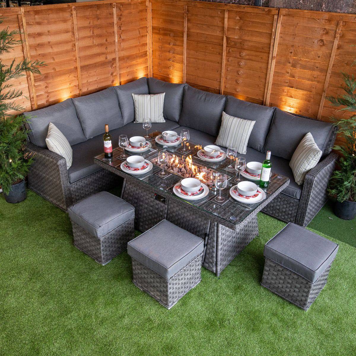 Serena Hampton Corner Rattan Dining Fire Pit Sofa Set - Garden Furniture Hub Essex