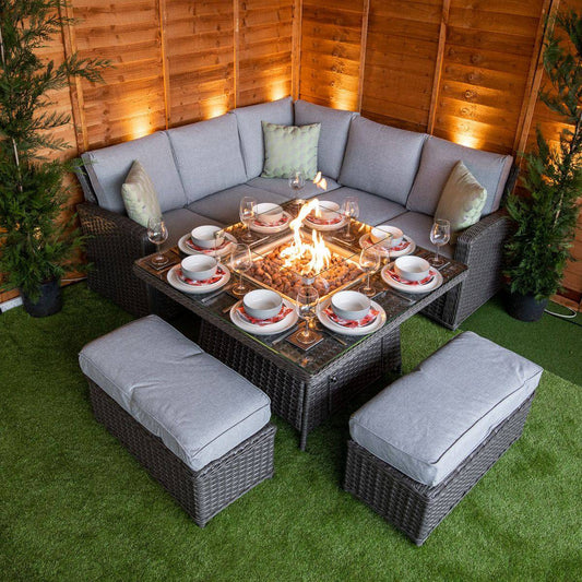 Platinum Boston Garden Corner Fire Pit Sofa Set - Rattan Garden Furniture Essex