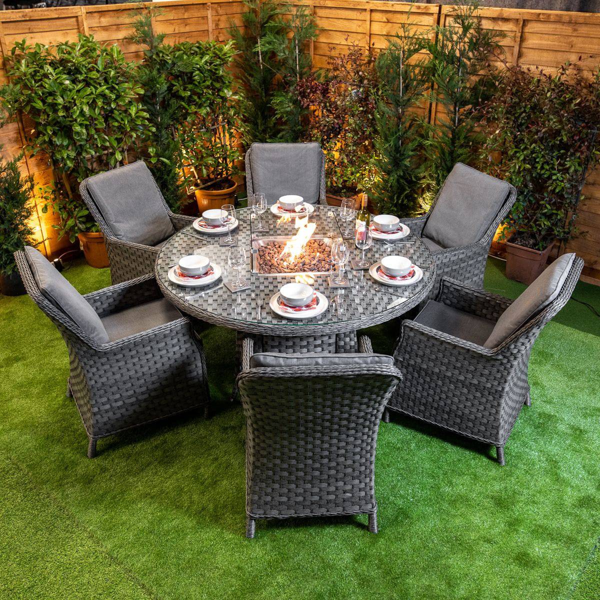 Serena Paris 6 Seat Round Fire Pit Dining Set - Garden Furniture Hub Essex