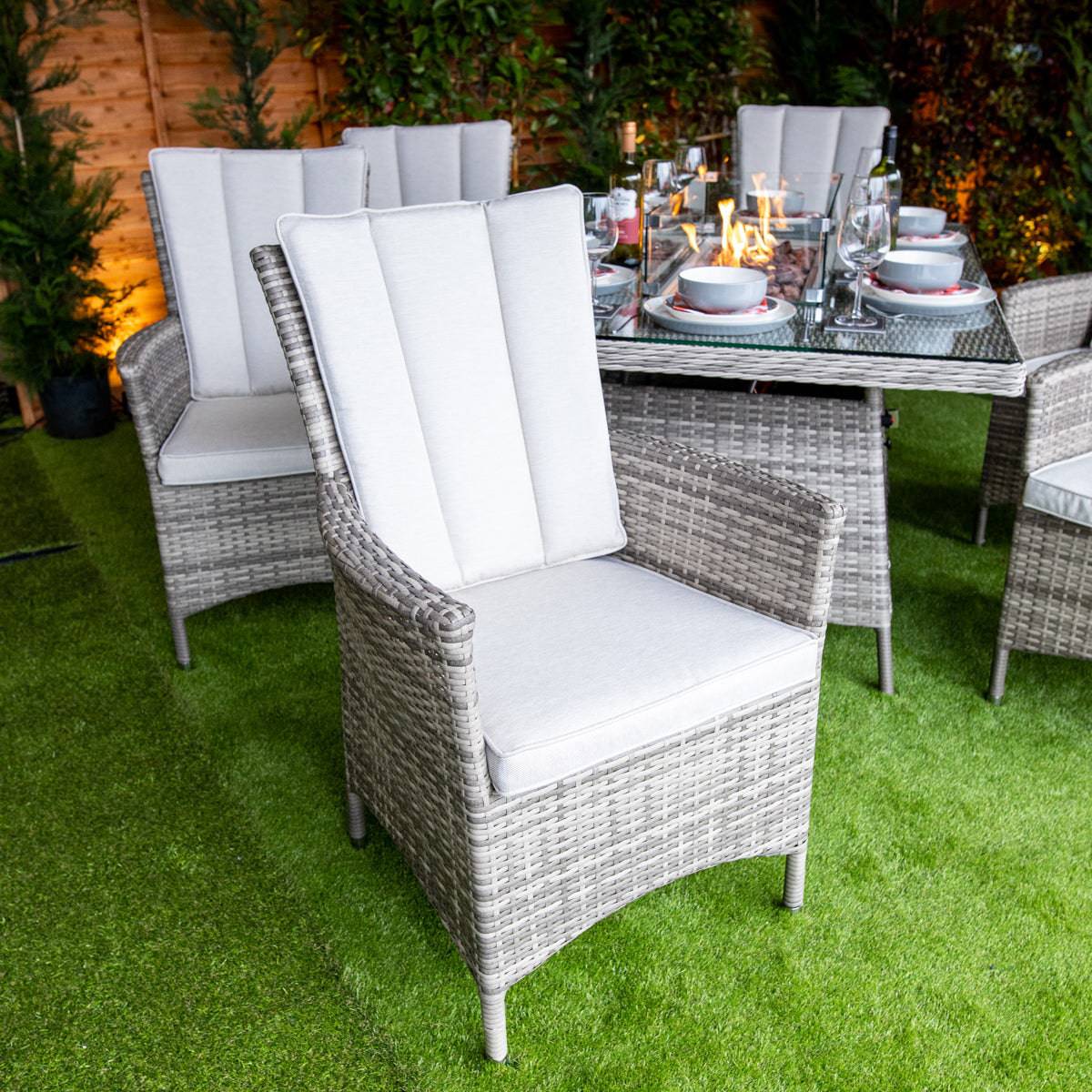 Champagne Atlanta Rectangular 6 Seat Rattan Fire Pit Set - Garden Furniture Hub Essex