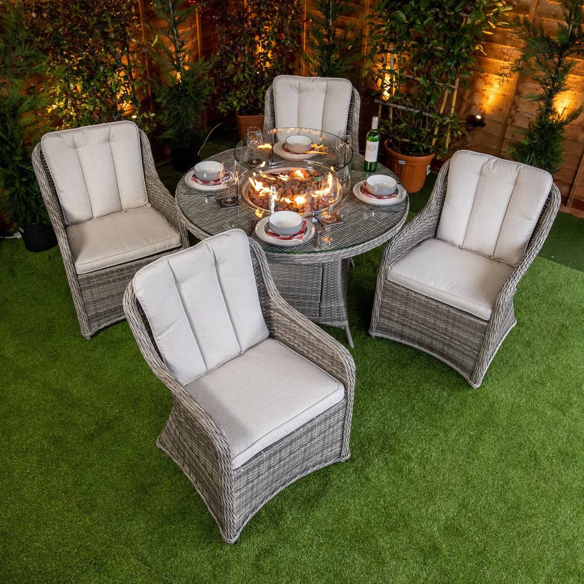 Champagne Vienna 4 Seat Round Fire Pit Dining Set - Garden Furniture Hub Essex