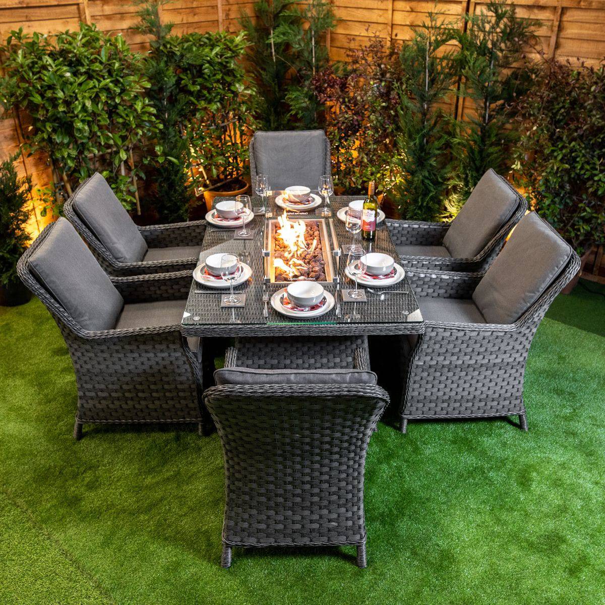 Serena Paris Rectangular 6 Seat Fire Pit Dining Set -Rattan Garden Furniture Essex