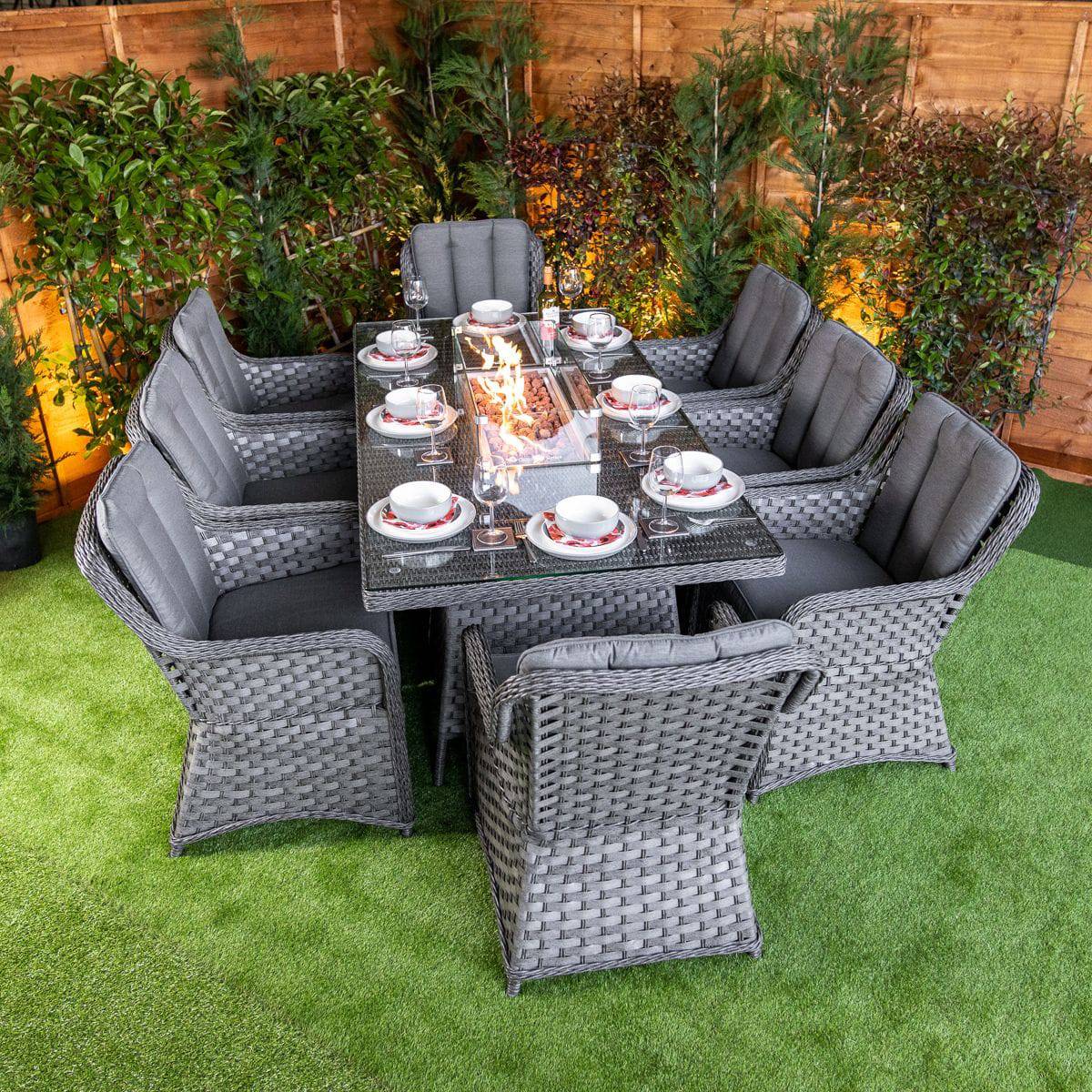 Serena Vienna 8 Seat Rectangular Fire Pit Dining Set - Garden Furniture Hub Essex